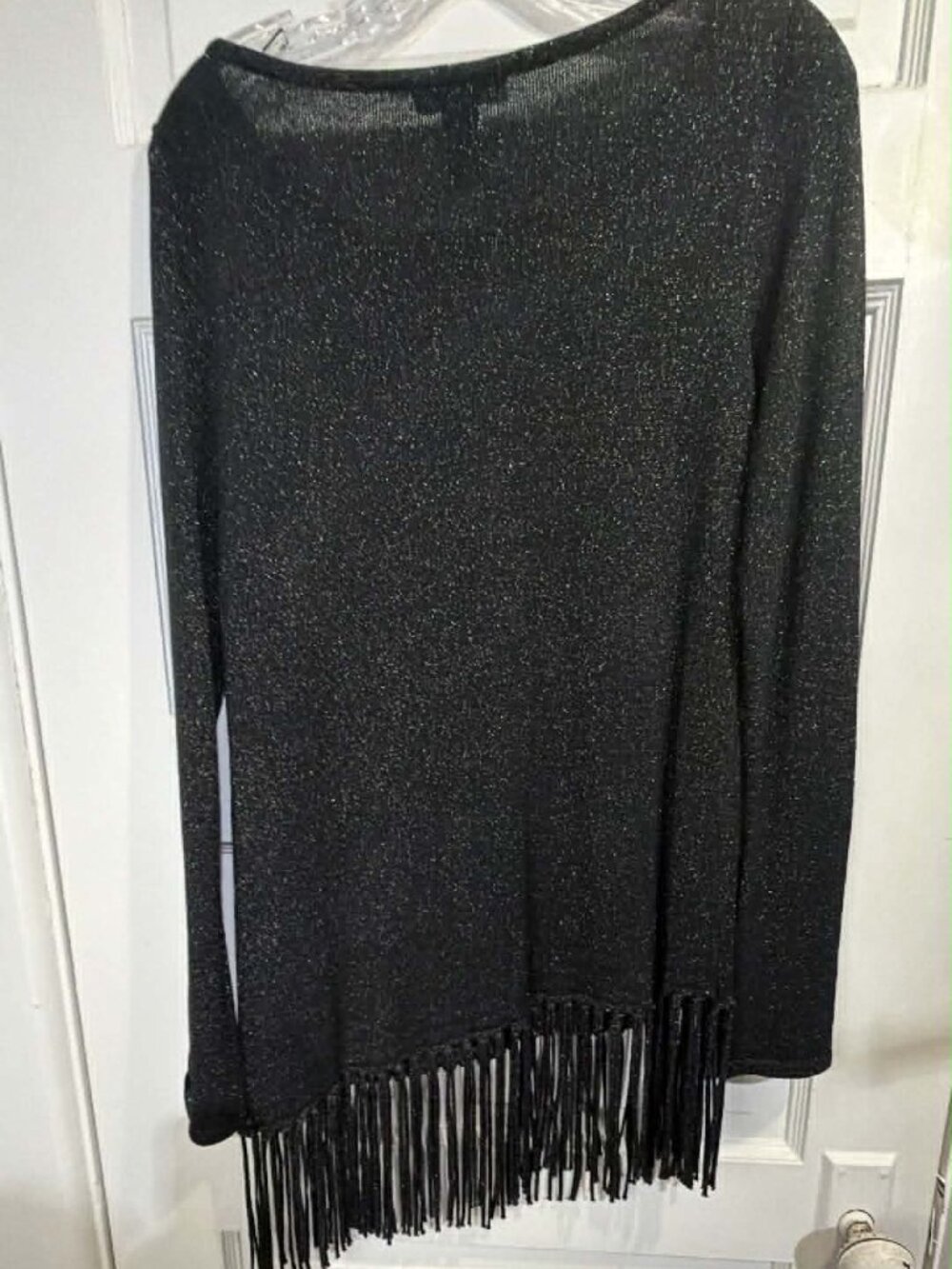 white house black market S sparkly black top bottom fringe